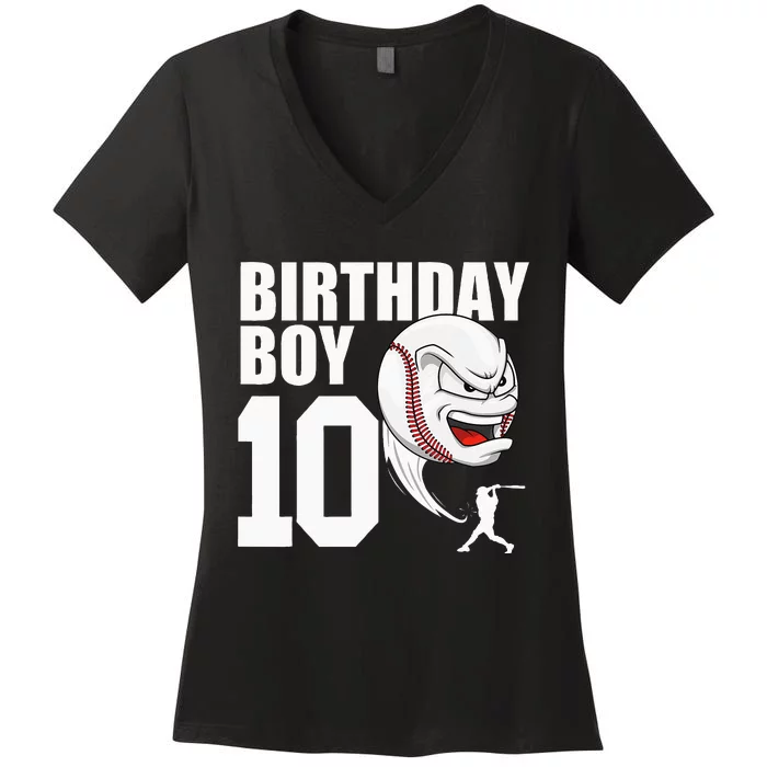 10 Year Old Baseball Birthday Party Theme 10th Gift For Boy Women's V-Neck T-Shirt