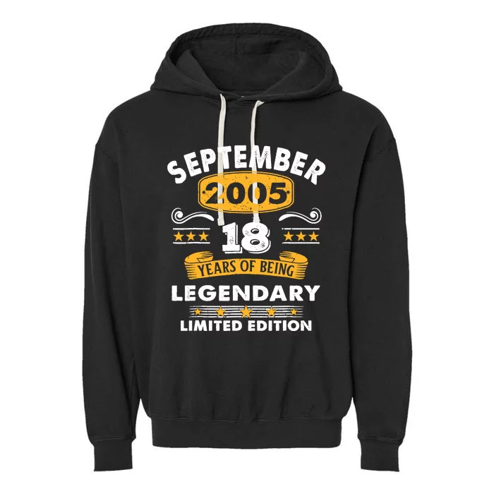 18 Years Old Legend Since September 2005 18th Birthday Gifts Garment-Dyed Fleece Hoodie