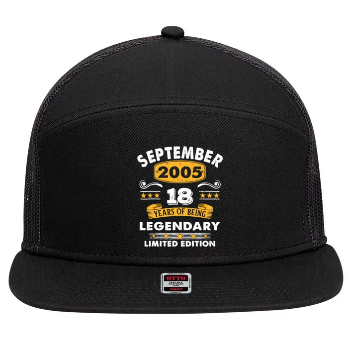 18 Years Old Legend Since September 2005 18th Birthday Gifts 7 Panel Mesh Trucker Snapback Hat