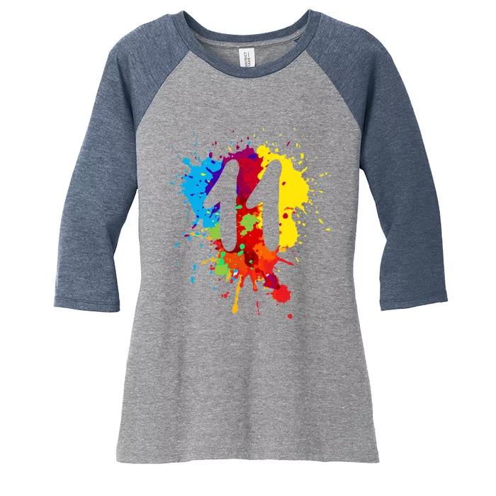 11 Years Old Girl Boy Birthday Gift Colorful Paint Splashes Women's Tri-Blend 3/4-Sleeve Raglan Shirt