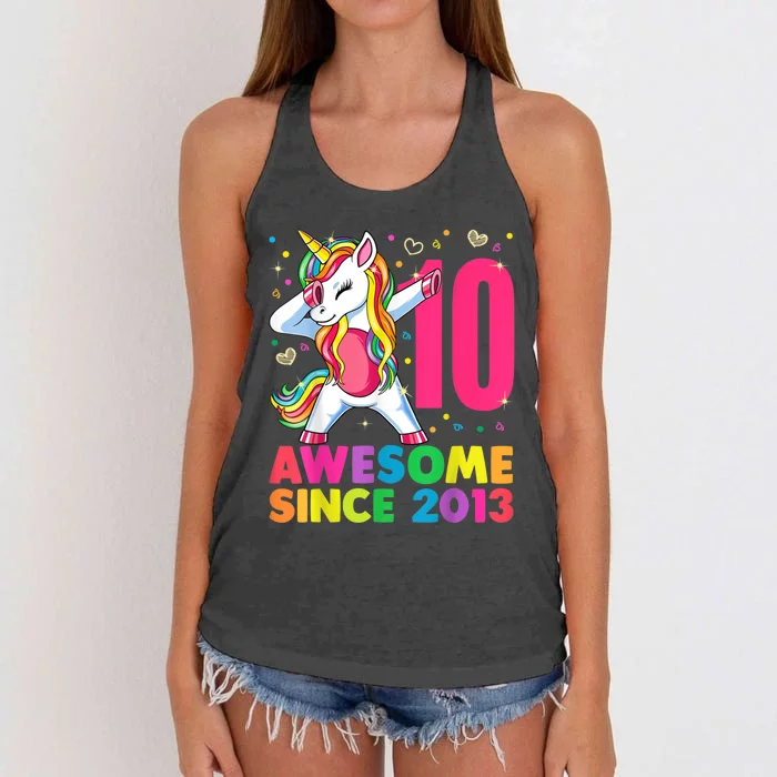 10 Year Old Unicorn Dabbing 10th Birthday Girl Unicorn Party Women's Knotted Racerback Tank