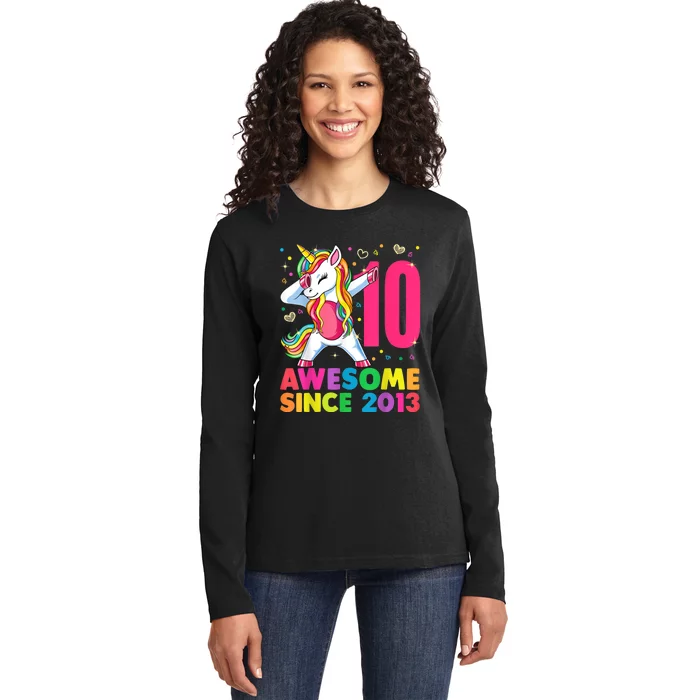 10 Year Old Unicorn Dabbing 10th Birthday Girl Unicorn Party Ladies Long Sleeve Shirt