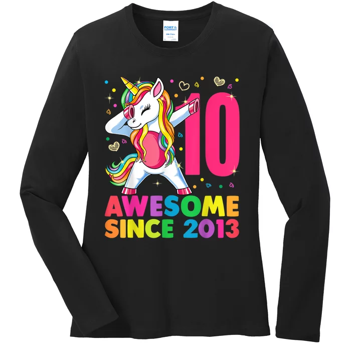 10 Year Old Unicorn Dabbing 10th Birthday Girl Unicorn Party Ladies Long Sleeve Shirt