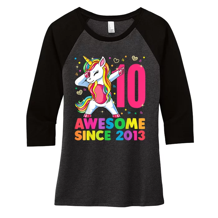 10 Year Old Unicorn Dabbing 10th Birthday Girl Unicorn Party Women's Tri-Blend 3/4-Sleeve Raglan Shirt