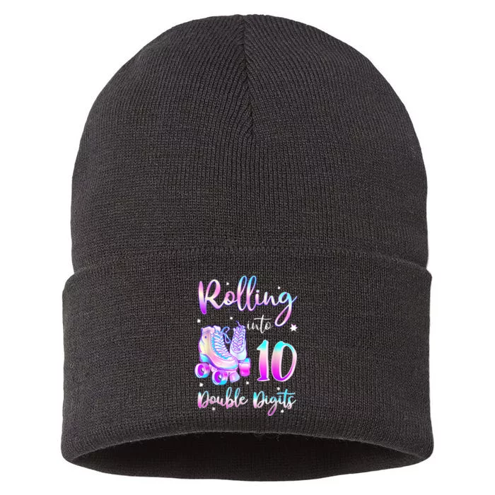 10 Years Old Birthday Girl Rolling Into 10th Double Digits Sustainable Knit Beanie