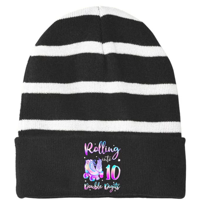 10 Years Old Birthday Girl Rolling Into 10th Double Digits Striped Beanie with Solid Band