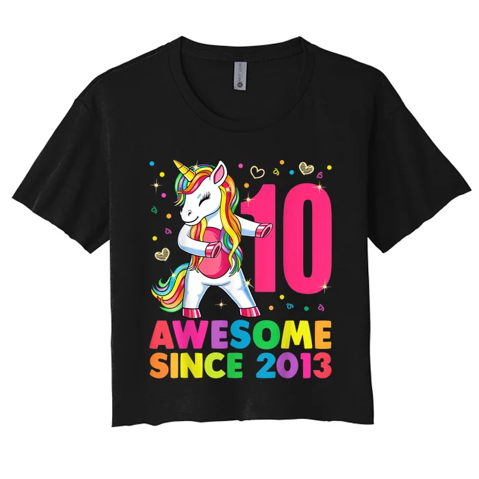 10 Years Old Unicorn Flossing 10th Birthday Girl Party Women's Crop Top Tee