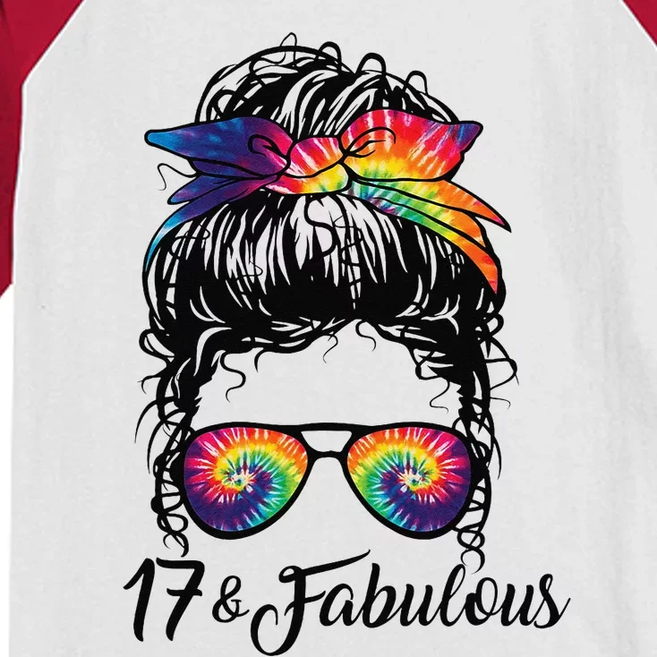 17 Years Old Fabulous Messy Bun Tie Dye 17th Birthday Kids Colorblock Raglan Jersey