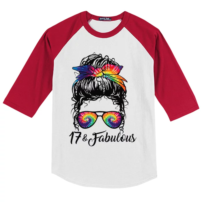 17 Years Old Fabulous Messy Bun Tie Dye 17th Birthday Kids Colorblock Raglan Jersey