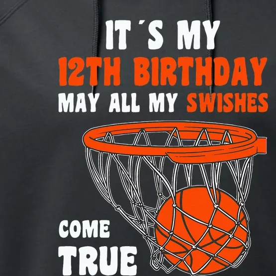 12 Year Old Happy 12th Birthday Basketball 12th Birthday Performance Fleece Hoodie