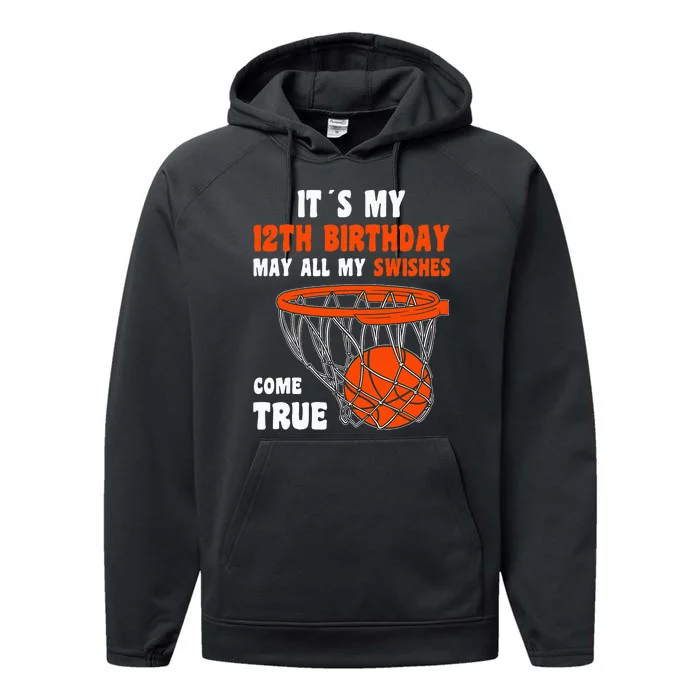 12 Year Old Happy 12th Birthday Basketball 12th Birthday Performance Fleece Hoodie