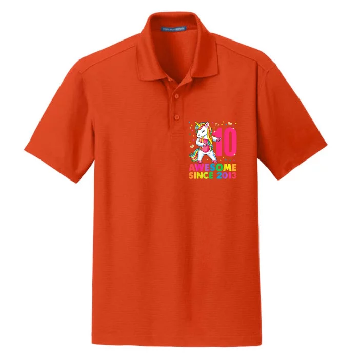 10 Years Old Unicorn Flossing 10th Birthday Girl Party Dry Zone Grid Performance Polo