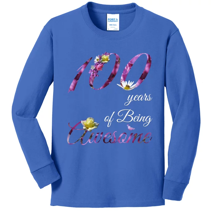 100 Year Old Gift Awesome Floral 1923 100th Birthday Gift Kids Long Sleeve Shirt