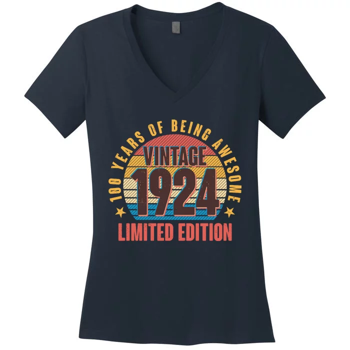 100 Years Of Being Awesome 1924 Limited Edition Vintage Retro Women's V-Neck T-Shirt