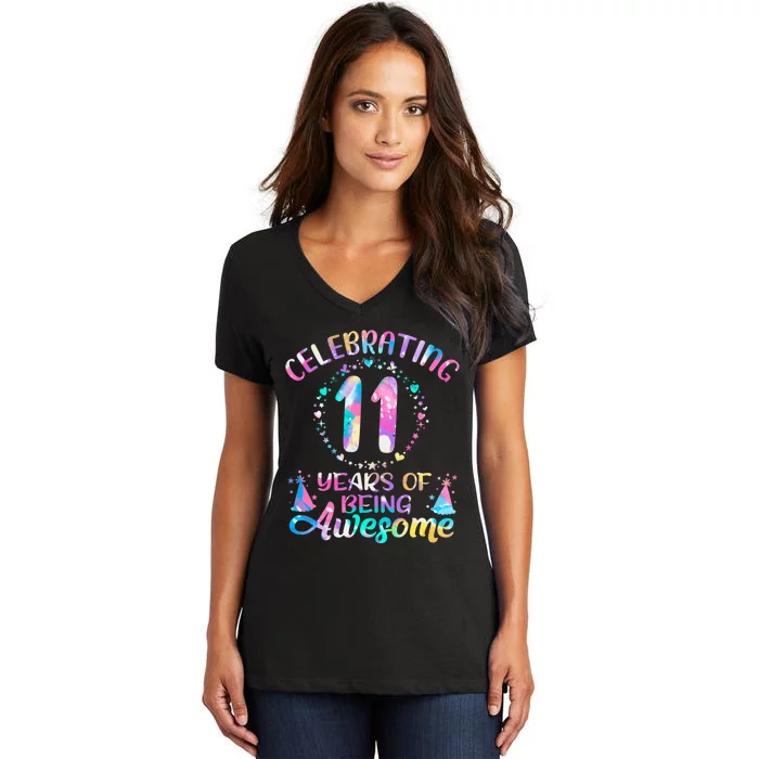 11 Years Of Being Awesome 11 Years Old 11th Birthday Tie Dye Women's V-Neck T-Shirt