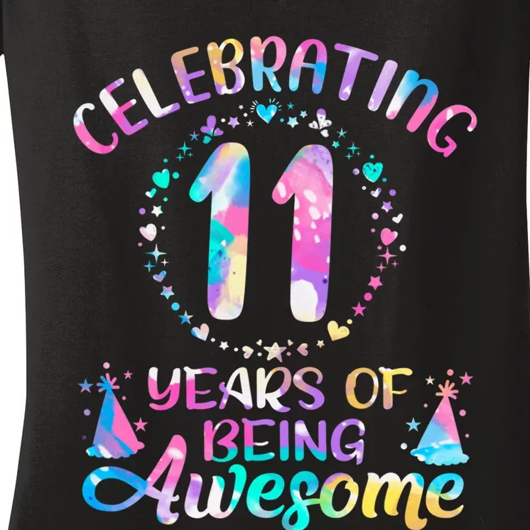 11 Years Of Being Awesome 11 Years Old 11th Birthday Tie Dye Women's V-Neck T-Shirt