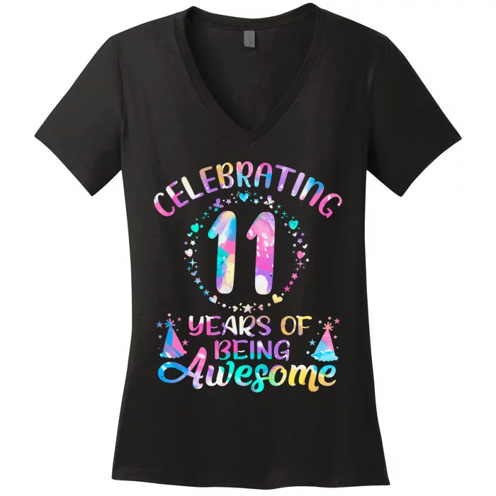 11 Years Of Being Awesome 11 Years Old 11th Birthday Tie Dye Women's V-Neck T-Shirt