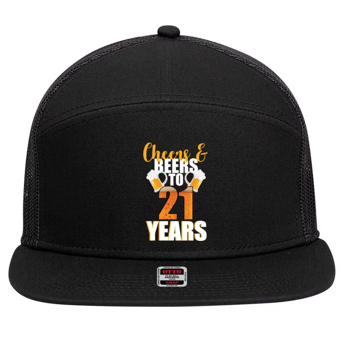 21st Birthday Cheers & Beers To 21 Years 7 Panel Mesh Trucker Snapback Hat