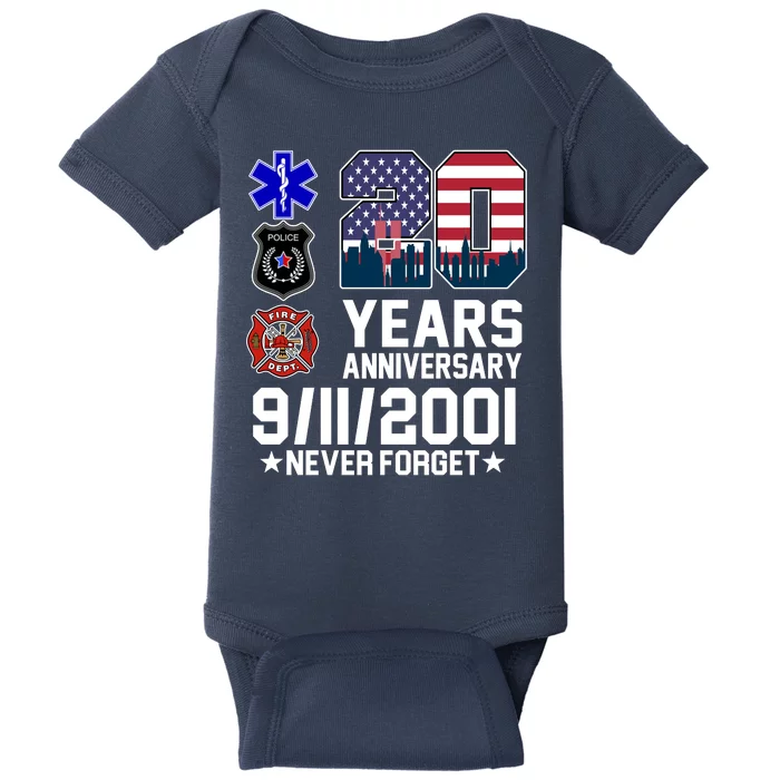 20th Anniversary 9/11/2001 Never Forget 911 Baby Bodysuit