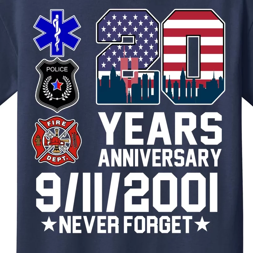 20th Anniversary 9/11/2001 Never Forget 911 Kids T-Shirt