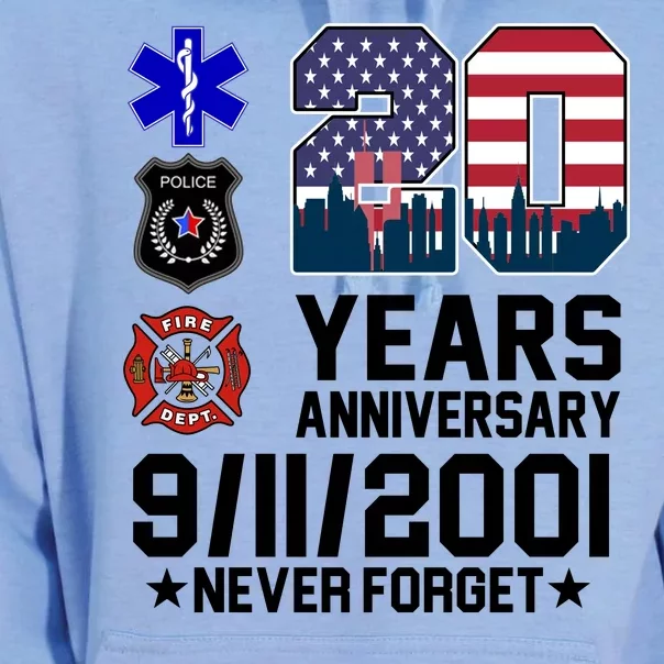 20th Anniversary 9/11/2001 Never Forget 911 Unisex Surf Hoodie