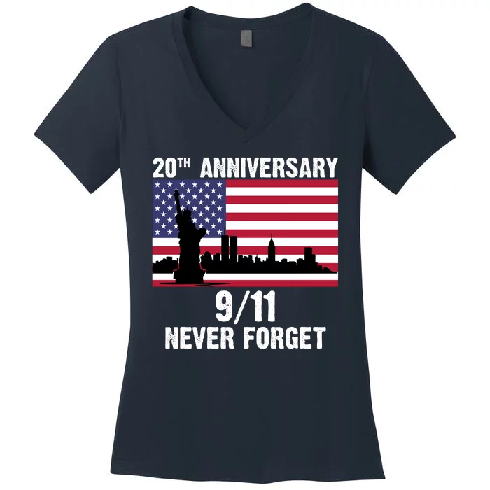 20th Anniversary 9/11 Tribute Never Forget US Flag New York Women's V-Neck T-Shirt