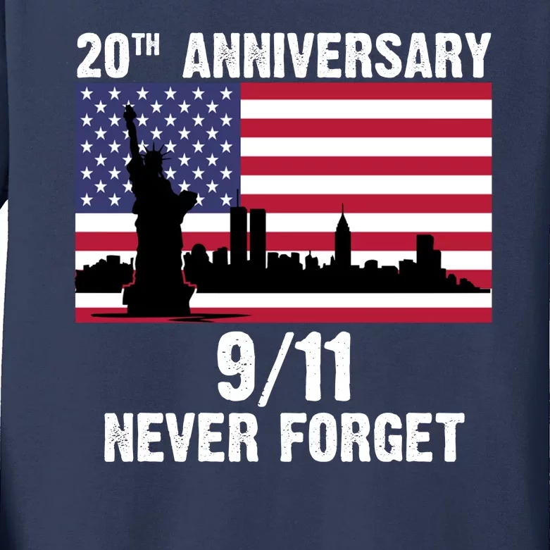 20th Anniversary 9/11 Tribute Never Forget US Flag New York Kids Long Sleeve Shirt