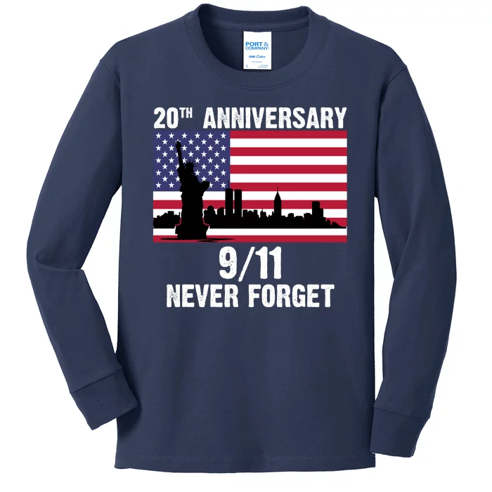 20th Anniversary 9/11 Tribute Never Forget US Flag New York Kids Long Sleeve Shirt