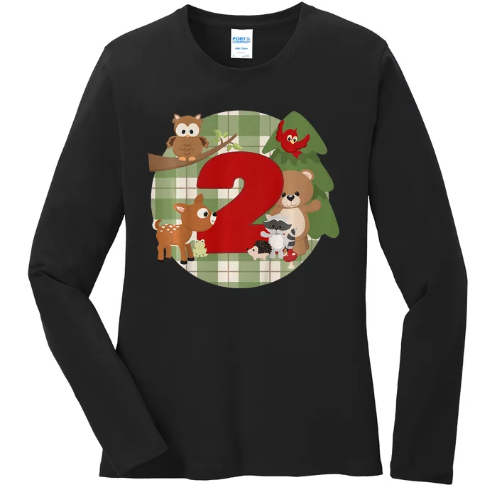 2nd Birthday 2 Year Old Woodland Animals Ladies Long Sleeve Shirt