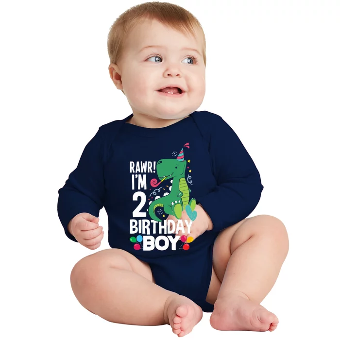 2nd Birthday Boy 2 Year Old Birthday Boy T Rex Dinosaur Baby Long Sleeve Bodysuit