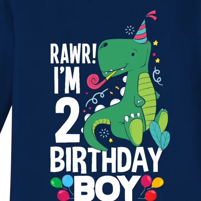 2nd Birthday Boy 2 Year Old Birthday Boy T Rex Dinosaur Baby Long Sleeve Bodysuit