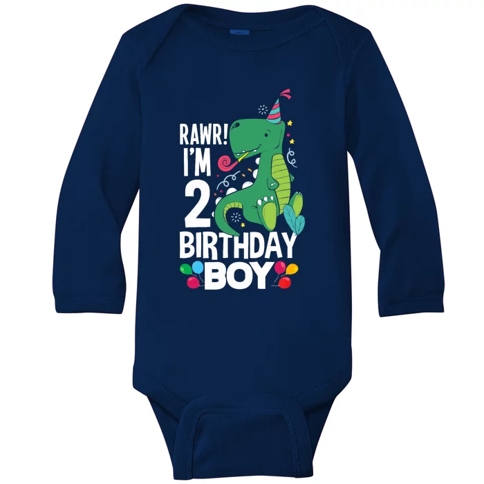 2nd Birthday Boy 2 Year Old Birthday Boy T Rex Dinosaur Baby Long Sleeve Bodysuit