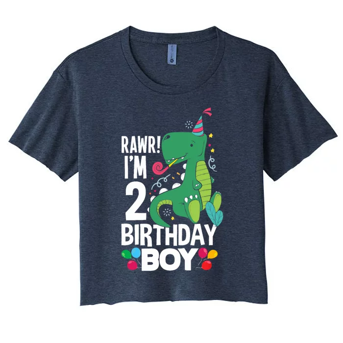 2nd Birthday Boy 2 Year Old Birthday Boy T Rex Dinosaur Women's Crop Top Tee