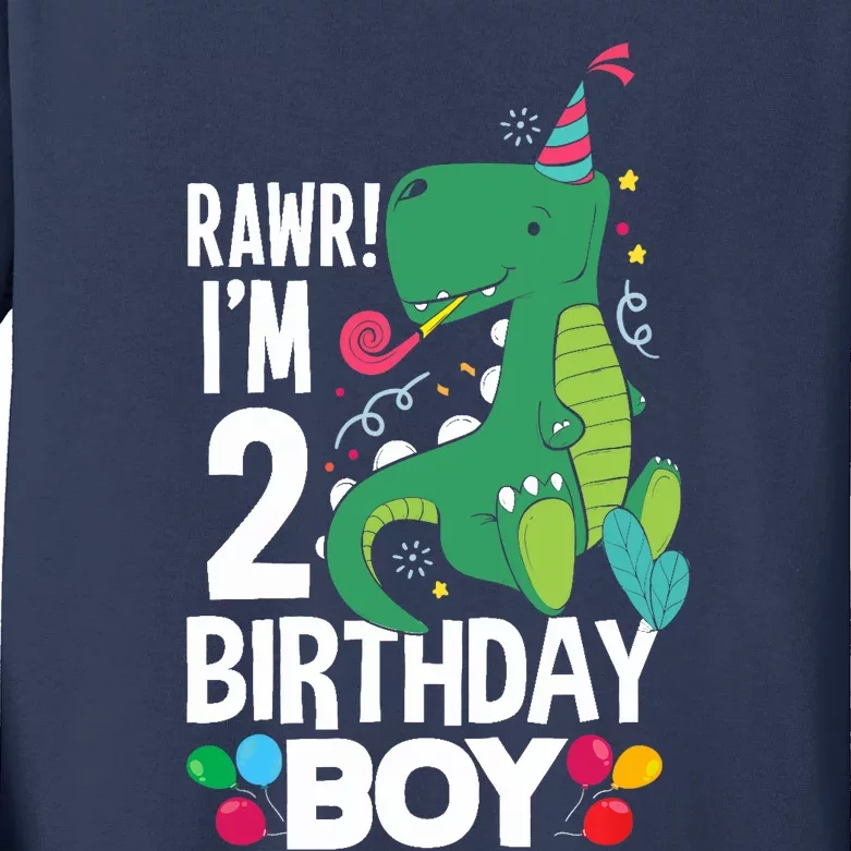 2nd Birthday Boy 2 Year Old Birthday Boy T Rex Dinosaur Kids Long Sleeve Shirt