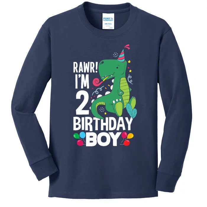 2nd Birthday Boy 2 Year Old Birthday Boy T Rex Dinosaur Kids Long Sleeve Shirt