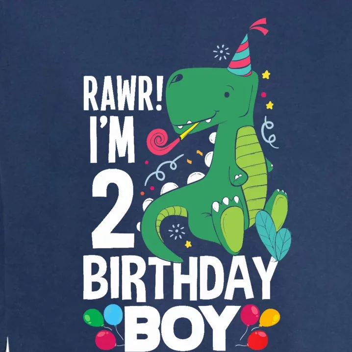 2nd Birthday Boy 2 Year Old Birthday Boy T Rex Dinosaur Garment-Dyed Sweatshirt