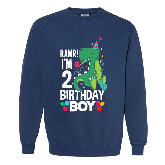 2nd Birthday Boy 2 Year Old Birthday Boy T Rex Dinosaur Garment-Dyed Sweatshirt