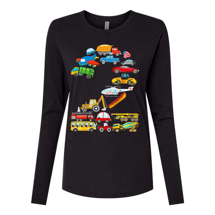 2nd Birthday Cars Vehicles Fire Truck Airplane Womens Cotton Relaxed Long Sleeve T-Shirt