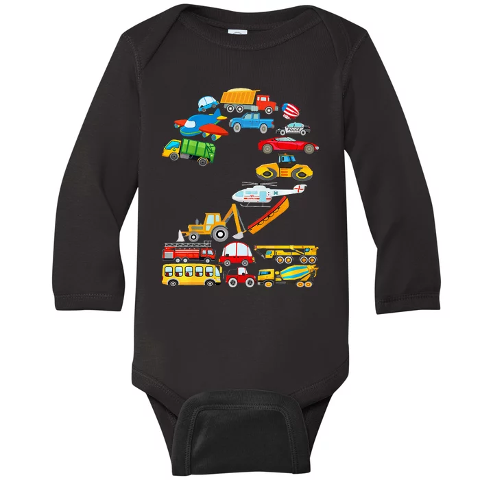 2nd Birthday Cars Vehicles Fire Truck Airplane Baby Long Sleeve Bodysuit