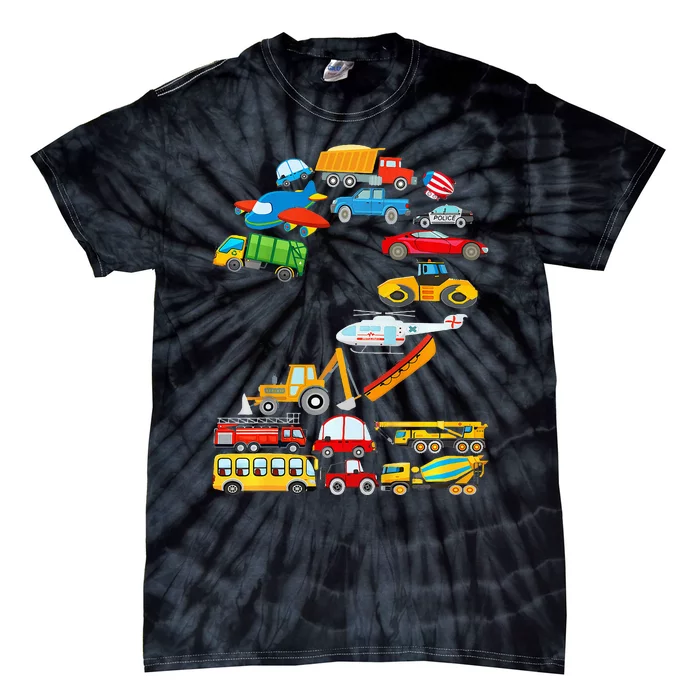 2nd Birthday Cars Vehicles Fire Truck Airplane Tie-Dye T-Shirt