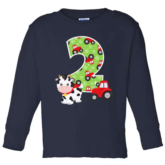 2nd Birthday Farm Animals Number 2 Years Old Party Toddler Long Sleeve Shirt