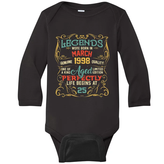 25th Birthday Gift 25 Year Old Legend Since March 1998 Baby Long Sleeve Bodysuit