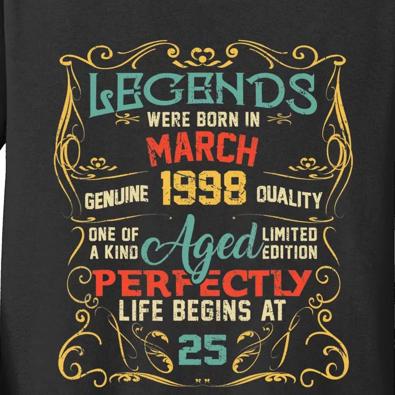 25th Birthday Gift 25 Year Old Legend Since March 1998 Kids Long Sleeve Shirt