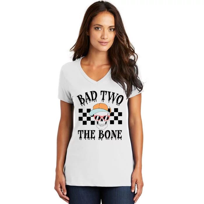 2nd Birthday Halloween Skeleton Boy Bad Two The Bone Women's V-Neck T-Shirt