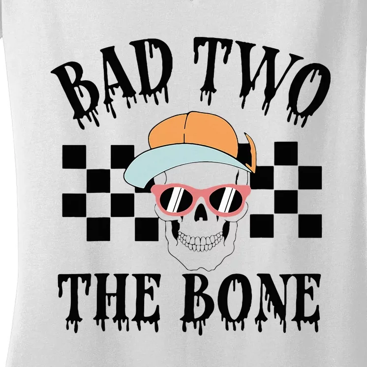 2nd Birthday Halloween Skeleton Boy Bad Two The Bone Women's V-Neck T-Shirt