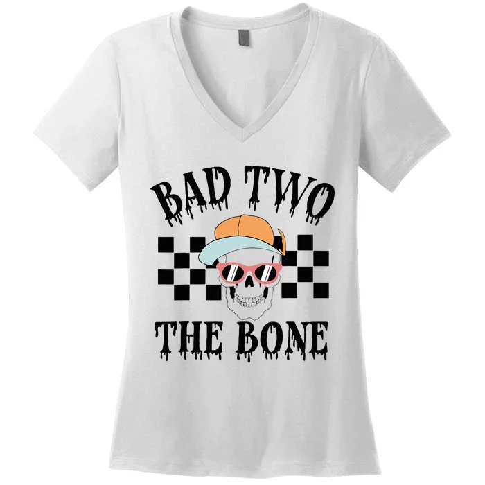 2nd Birthday Halloween Skeleton Boy Bad Two The Bone Women's V-Neck T-Shirt