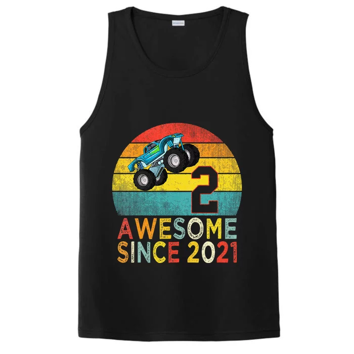 2nd Birthday Monster Truck Lover 2 Years Old Vintage Retro Performance Tank