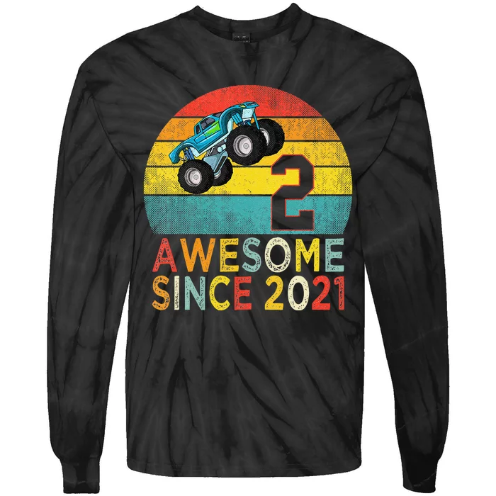 2nd Birthday Monster Truck Lover 2 Years Old Vintage Retro Tie-Dye Long Sleeve Shirt