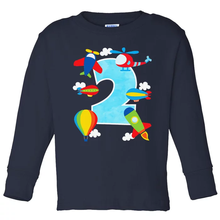 2nd Birthday Plane Hot Air Balloon Helicopter Number 2 Toddler Long Sleeve Shirt