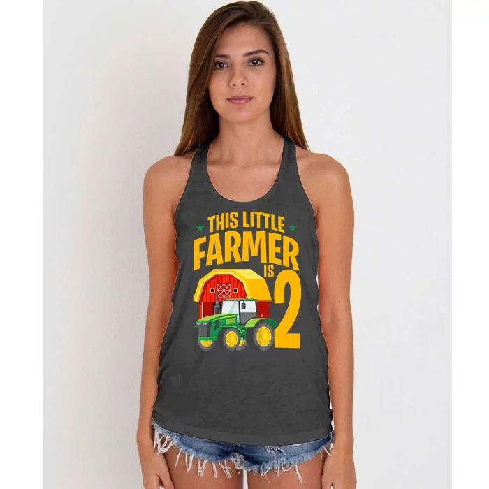 2nd Birthday This Little Farmer Is 2 Year Old Tractor Women's Knotted Racerback Tank